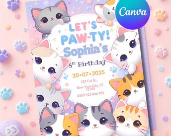 Kawaii Cat Birthday Invitation: Editable Kitty Party Invite (Canva, Digital Download)