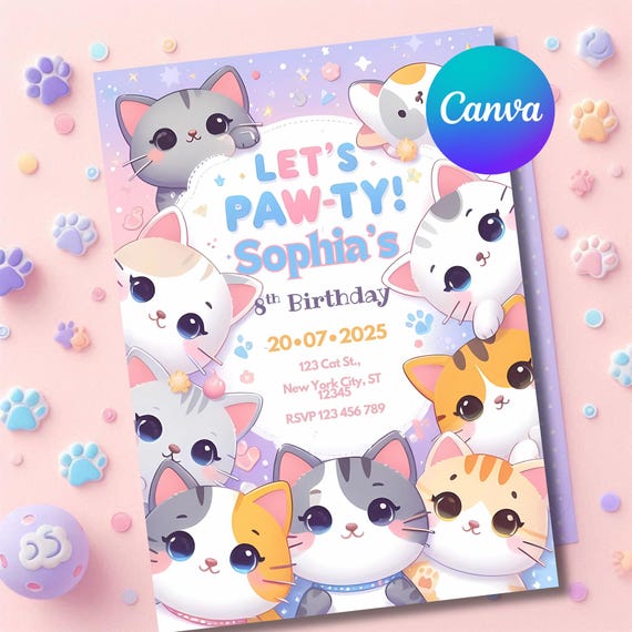 Kawaii Cat Birthday Invitation: Editable Kitty Party Invite (Canva, Digital Download)