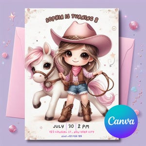 Pink Cowgirl Birthday Invitation: Rodeo Party, Editable Canva Template