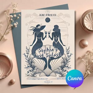 Może przedstawiać: Kremowe zaproszenie z niebieską ilustracją syreny. Tekst brzmi "Please Join Us For Sophia's Last Splash" ze szczegółami wydarzenia. Widoczne jest logo Canva. Zaproszenie otoczone jest elementami dekoracyjnymi.