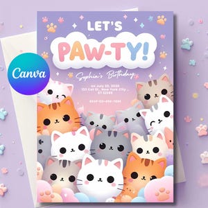 Cat Invitation, kawaii kitty invitation, kawaii cat, kitty birthday party, girl birthday invites, Birthday invitation, Party Favors