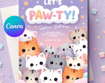 Cat Invitation, kawaii kitty invitation, kawaii cat, kitty birthday party, girl birthday invites, Birthday invitation, Party Favors