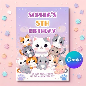 Cat Invitation, kawaii kitty invitation, kawaii cat, kitty birthday party, girl birthday invites, Birthday invitation, Party Favors