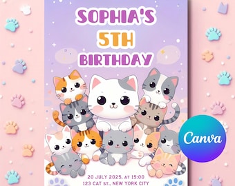 Cat Invitation, kawaii kitty invitation, kawaii cat, kitty birthday party, girl birthday invites, Birthday invitation, Party Favors