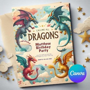 May include: A colorful birthday party invitation featuring four dragons in shades of red, blue, and gold. The invitation reads "Calling All Dragons" and includes party details. The Canva logo is visible.