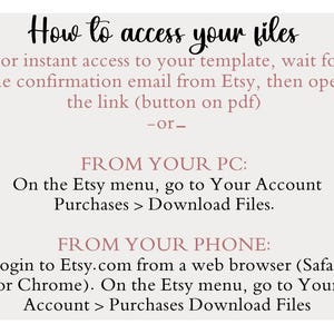 Puede incluir: Instrucciones sobre c&oacute;mo acceder a los archivos digitales comprados en Etsy.com. Las instrucciones explican c&oacute;mo acceder a los archivos desde un ordenador o un tel&eacute;fono m&oacute;vil.