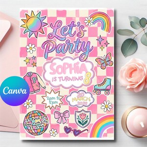 May include: A rectangular party invitation featuring a pink and white checkered background with the text Let's Party, Sophia is turning 8, 2pm to 5pm, 20 March 2029, and 123 Patch St, New York City, ST 12345, decorated with a sun, rainbow, butterfly, roller skate, and disco ball.