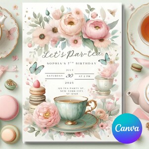 以下が含まれることがあります： 「Let's Par-tea」の文字とソフィアの7歳の誕生日詳細が書かれた、水彩画のティーパーティー招待状。パステルピンクとピーチの花、蝶、ティーカップ、マカロンのデザイン。Canvaのロゴが見えます。