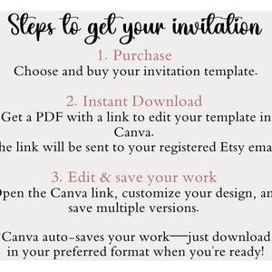 Puede incluir: Un fondo blanco con texto negro que describe los pasos para obtener una plantilla de invitaci&oacute;n. Los pasos incluyen comprar la plantilla, descargarla instant&aacute;neamente y editar y guardar el trabajo. El texto tambi&eacute;n menciona que Canva guarda autom&aacute;ticamente el trabajo.