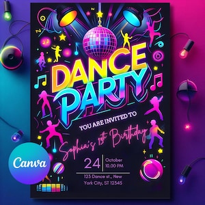 Retro Dance Party Invitation: Neon Disco Birthday (Canva Template)