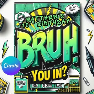 Bruh Birthday Invitation: Teen Gamer Party, Editable in Canva