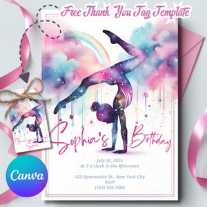 Könnte beinhalten: Eine Geburtstagseinladung mit einer Turnerin im Handstand vor einem Galaxie- und Regenbogenhintergrund. Die Einladung enthält den Text "Sophia's Birthday", Datum, Uhrzeit, Adresse und RSVP-Informationen. Ein passendes Etikett ist enthalten.