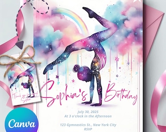 Invitación de cumpleaños de gimnasia, invitación a fiesta de baile, fiesta de acrobacias, invitación de cumpleaños para niñas, invitación de cumpleaños, recuerdos de fiesta 3BD