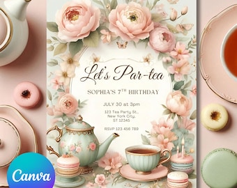 Könnte beinhalten: Eine pastellfarbene Einladung mit dem Text "Let's Par-tea" und "Sophia's 7. Geburtstag". Das Design umfasst eine Teekanne, eine Teetasse und Blumenarrangements. Makronen und eine Teetasse mit Tee sind ebenfalls zu sehen.
