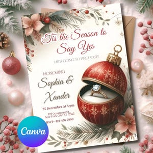 Puede incluir: Una invitación festiva con el texto "Tis the Season to Say Yes" y "He's Going to Propose!" presenta un adorno rojo que revela un anillo de diamantes. La invitación es para Sophia & Xander, con fecha, hora e información de RSVP.