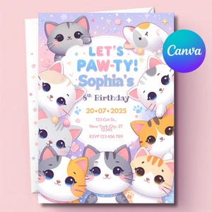 May include: A colorful invitation with a purple, pink, and blue background featuring a group of cartoon cats with big eyes. The text on the invitation reads "Let's Paw-ty! Sophia's 8th Birthday 20-07-2025 123 Cot St., New York City, ST 12345 RSVP 123 456 789".