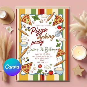 以下が含まれることがあります： 「Pizza making party」と「Sophia's 13th Birthday」の文字が入った、カラフルなピザをテーマにした招待状。ピザのスライス、めん棒、キノコ、その他のピザ関連のグラフィックがデザインされています。Canvaのロゴが見えます。