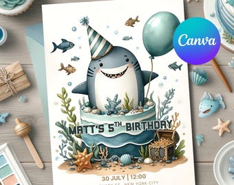 May include: A blue and white shark wearing a party hat sits on a blue and white cake with a blue balloon. The cake is surrounded by seaweed, seashells, and a treasure chest. The text "MATT'S 5TH BIRTHDAY" is written on the cake. The invitation also includes the date, time, address, and RSVP information.