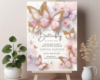 Butterfly Baby Shower Welcome Sign Our Little Butterfly on Her Way Printable Wildflower Poster | Custom Baby Sprinkle Sign, Party Favors