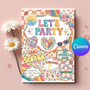May include: A rectangular birthday invitation card featuring a checkered background with a sun, waves, flowers, a disco ball heart, a butterfly, and sunglasses. Text reads: LET'S PARTY, SOPHIA IS TURNING 8, 20 MARCH 2029, 2pm to 5pm, 123 Patch St., New York City, ST 12345.
