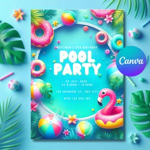 Pool Party Invitation: Summer Swim Birthday, Editable in Canva (Digital Download)