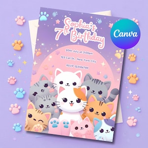 Cat Invitation, kawaii kitty invitation, kawaii cat, kitty birthday party, girl birthday invites, Birthday invitation, Party Favors