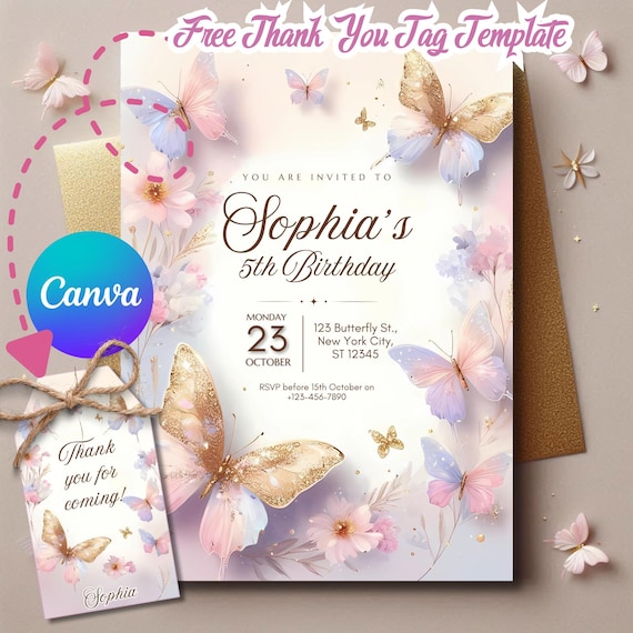 butterfly invite, pink butterfly invitation, floral invite, fairy 1st birthday, girl birthday invitation, birthday invitation, Party Favors