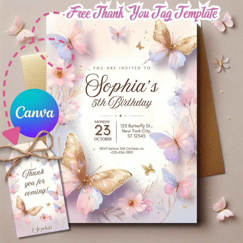 Invitación de mariposa, invitación de mariposa rosa, invitación floral, primer cumpleaños de hada, invitación de cumpleaños de niña, invitación de cumpleaños, regalos de fiesta imagen 1