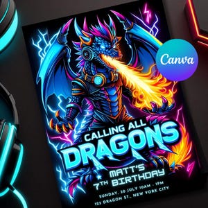 Puede incluir: Una vibrante invitación con una ilustración de dragón de neón. El dragón, en tonos azules, morados y naranjas, escupe fuego. El texto dice "CALLING ALL DRAGONS" y los detalles de la fiesta de cumpleaños de Matt.
