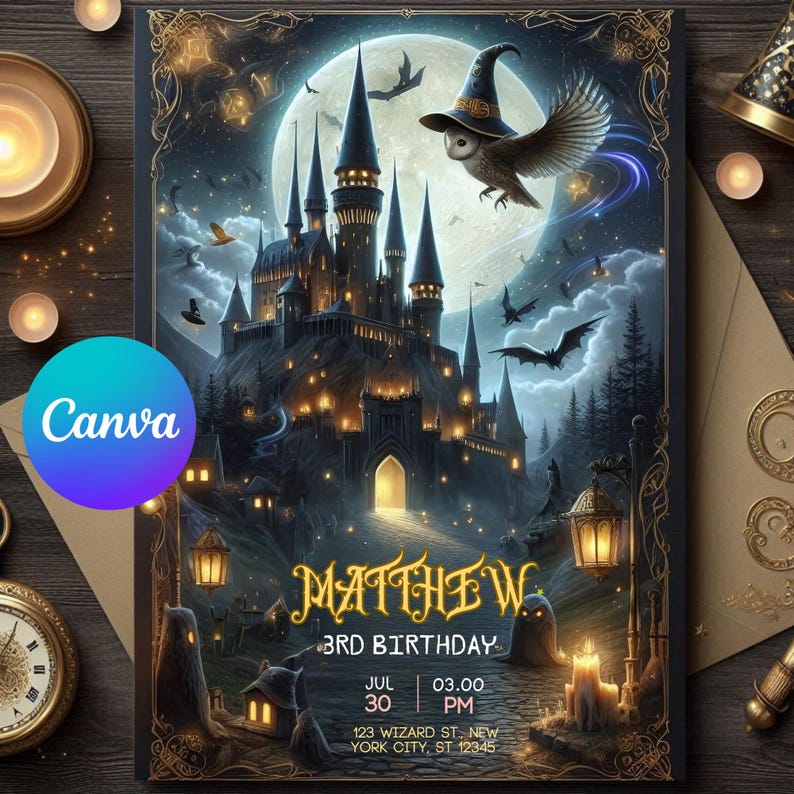 May include: A dark blue and gold birthday invitation with a castle, an owl, and bats. The text reads "Matthew 3rd Birthday Jul 30 03.00 PM 123 Wizard St, New York City, ST 12345".