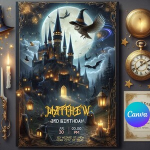 May include: A whimsical birthday invitation featuring a dark, gothic castle with a full moon and an owl wearing a witch's hat. The text reads "MATTHEW 3RD BIRTHDAY JUL 30 03.00 PM 123 WIZARD ST. NEW YORK CITY, ST 12345".