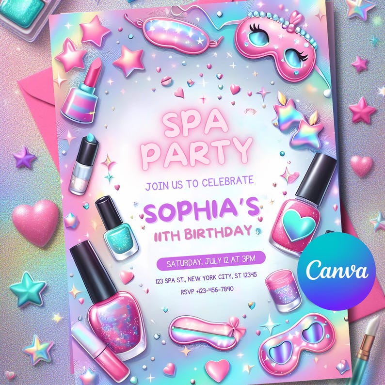 May include: A spa party invitation with a pastel rainbow background. The invitation features nail polish, eye masks, and star-shaped decorations. Text includes "SPA PARTY" and "SOPHIA'S 11TH BIRTHDAY". The Canva logo is visible.
