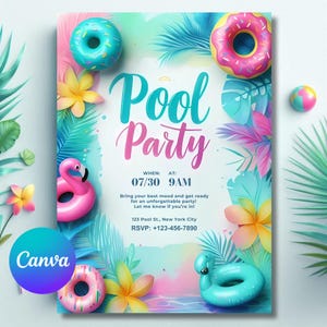 Pool Party Invitation: Summer Birthday, Editable in Canva (Digital Download)