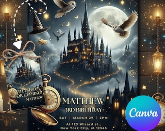 Invitación de mago, invitación de bruja, invitación a fiesta mágica, invitación de magos y brujas, invitaciones para niños, invitación de cumpleaños, recuerdos de fiesta 2BD