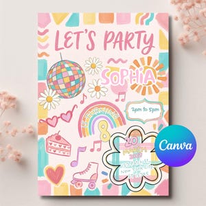 Puede incluir: Una tarjeta de invitación de cumpleaños con el texto LET'S PARTY, SOPHIA, IS TURNING 8, 2pm to 5pm, 20 MARCH 2029, 123 Patch St., New York City, ST 12345. Los gráficos incluyen una bola de discoteca, margaritas, sol, arcoíris y patines.