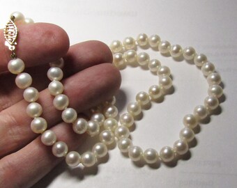 Lustrous Vintage 6mm Akoya Pearl Necklace, 14K Y Gold Clasp, hand knotted 17.5" strand, free US basic shipping