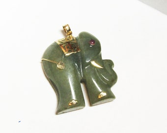 Vintage spinach-green Jade Elephant Pendant, 14K gold details, ruby eye, free US basic shipping