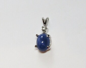 Vintage Blue Star Sapphire Pendant, diamond accent, solid 14K W Gold, free US basic shipping