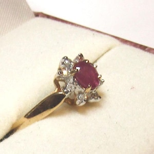 Vintage Natural Ruby Diamond Halo Ring, solid 10K Y Gold, size 6, free US basic shipping