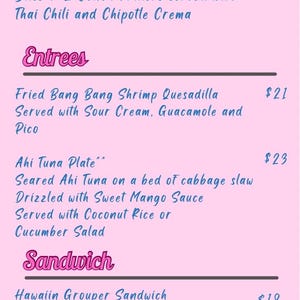 May include: A pink menu with blue text listing food items and prices. The menu is titled "Burrito Social" and features a variety of seafood dishes, including fried calamari, bang bang shrimp, and ahi tuna. The menu also includes a sandwich and dessert option.