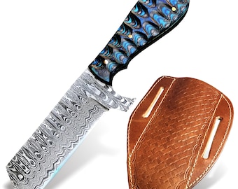 Custom Handmade Damascus Steel Bull Cutter Knife with Pancake Sheath, Full Tang Cowboy Knife, Gift for Him, Groomsmen, Birthday, Valentine's