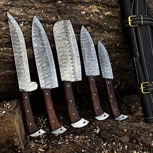 Custom handmade damascus steel chef set of 5pcs, Damascus Chef Set, Kitchen Knife Set, Damascus Knife Set, Anniversary Gift , Christmas Gift