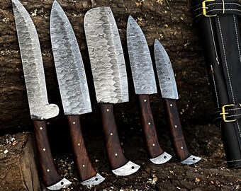 Custom handmade damascus steel chef set of 5pcs, Damascus Chef Set, Kitchen Knife Set, Damascus Knife Set, Anniversary Gift , Christmas Gift