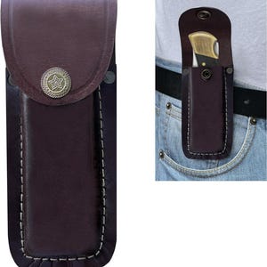 Custom Handmade Leather Knife Sheath for Belt, 5.5” Folding Knife Buck 112 & Buck 110 Sheath, Pocket Knife Holster, Brown, Black