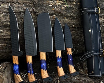 Custom handmade damascus steel chef set of 5pcs, Damascus Chef Set, Kitchen Knife Set, Damascus Knife Set, Anniversary Gift , Christmas Gift