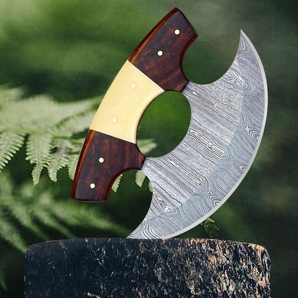 Cuchillo Ulu de Alaska de acero de Damasco hecho a mano, con funda; cuchillo mezzaluna para pizza de 15 cm (6 pulgadas), ideal para la cocina. Regalo perfecto para San Valentín.