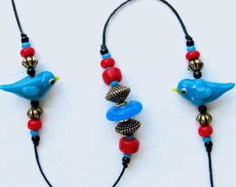 SALE! Beaded Windchime. Garden Chime. Bluebird Beads. Lampwork Glass Beads. Turquoise Blue. Red. Gold. Black. Retro. Birdwatcher. Brass Bell
