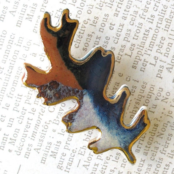 Porcelain Oak Leaf Brooch.  Rust,  Blue-Green, Tan, Brown & Denim Blue with 22K Gold Decorationn. Autumn or Fall Jewelry