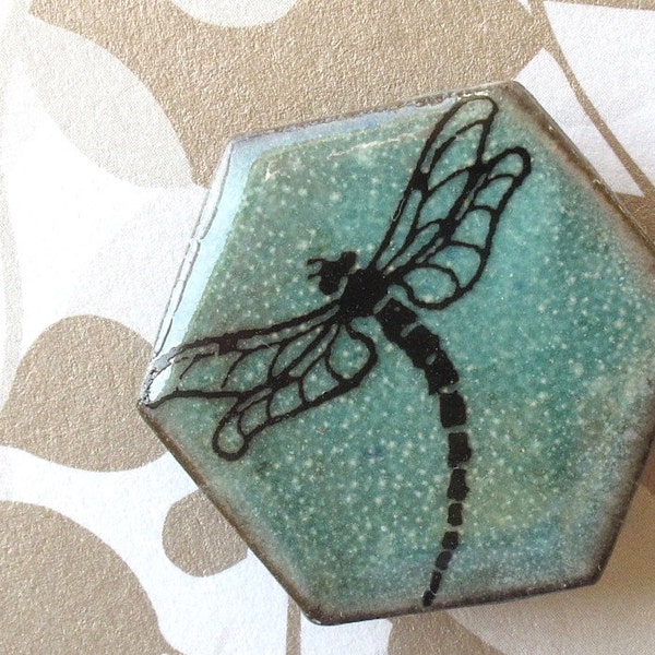 Dragonfly Brooch. Jade Green Glaze on Black Porcelain Hexagon. Seafoam. Mint. Celadon. Cyan. Woodland. Up North. Lakeside. Nature. Geometric