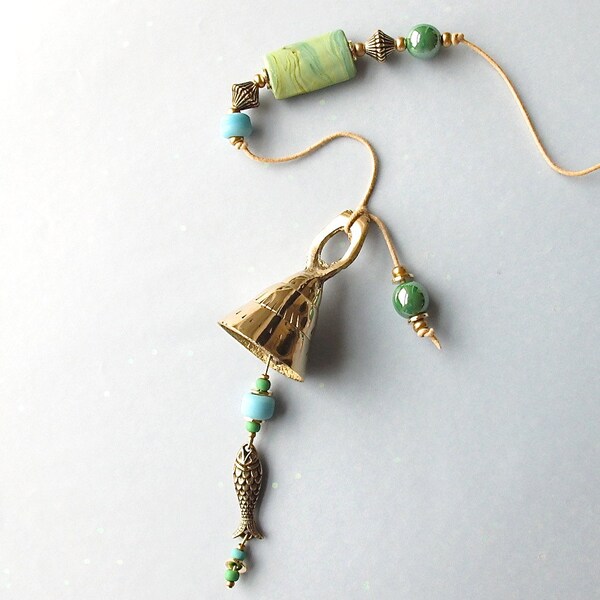 Beaded Garden Chime: Windchime with Handmade Marbled Glass Beads. Brass Fish Charm.  Lime Green. Apple. Aqua. Turquoise. Tan. Brass Bell